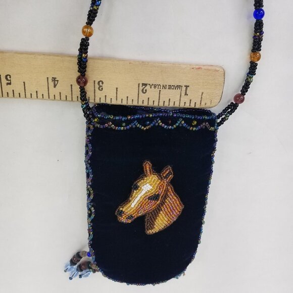 Beaded Horse Mini Bag Credit Card Holder Crossbody Pouch Velvet Navy Blue Strap - Picture 15 of 15